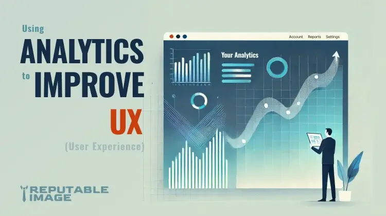 Small business owner reviewing dashboard charts and site hero to use analytics to improve UX and conversion performance.