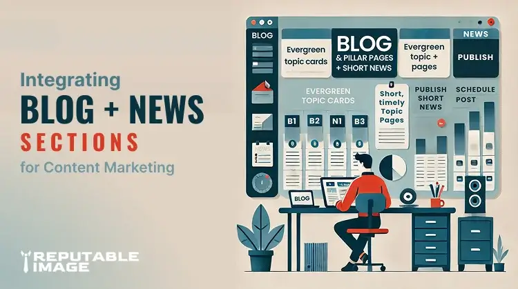 Small business owner planning an editorial calendar, illustrating integrating blogs and news sections for content marketing and site layout.