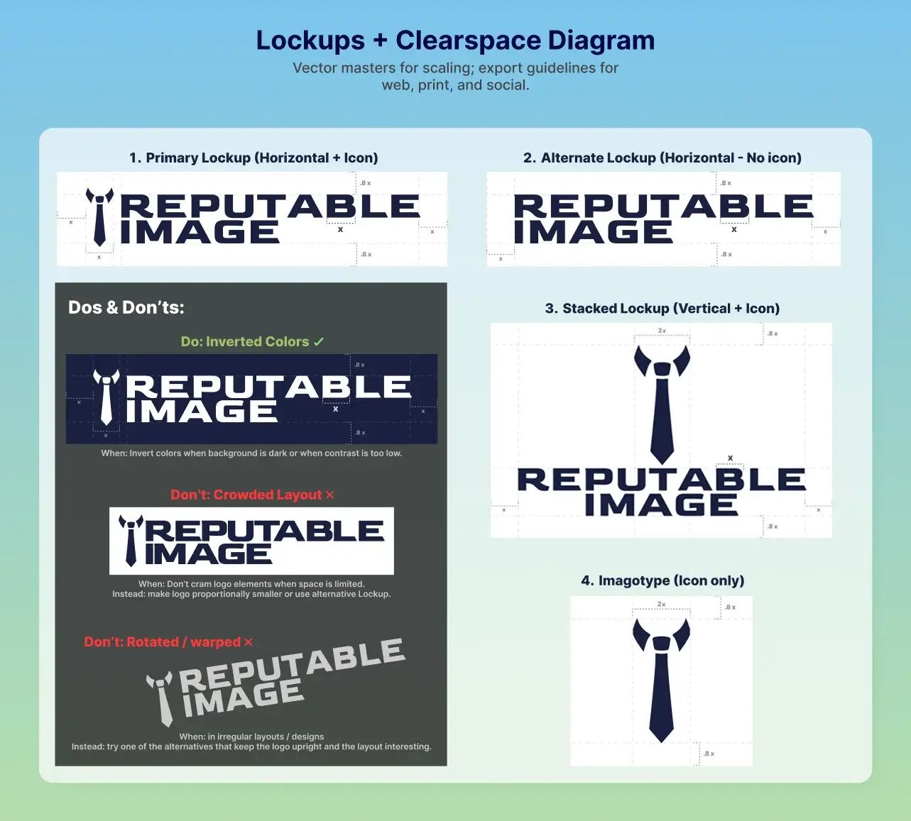 Diagram of primary, stacked and icon-only lockups with clearspace grid (X = logomark height) and minimum sizes for a logo that scales.