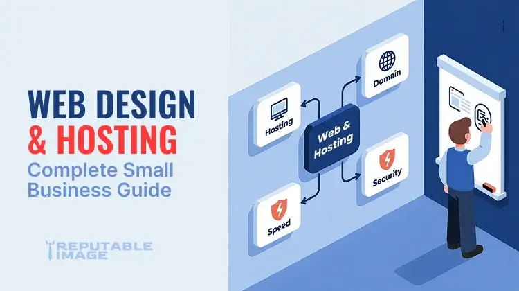 Small business owner mapping site structure and hosting options on a whiteboard, showing web design and hosting basics