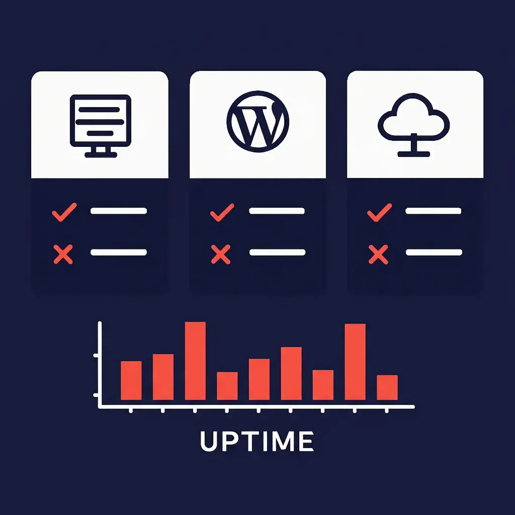 Dashboard comparing shared, managed, and VPS hosting with uptime meters