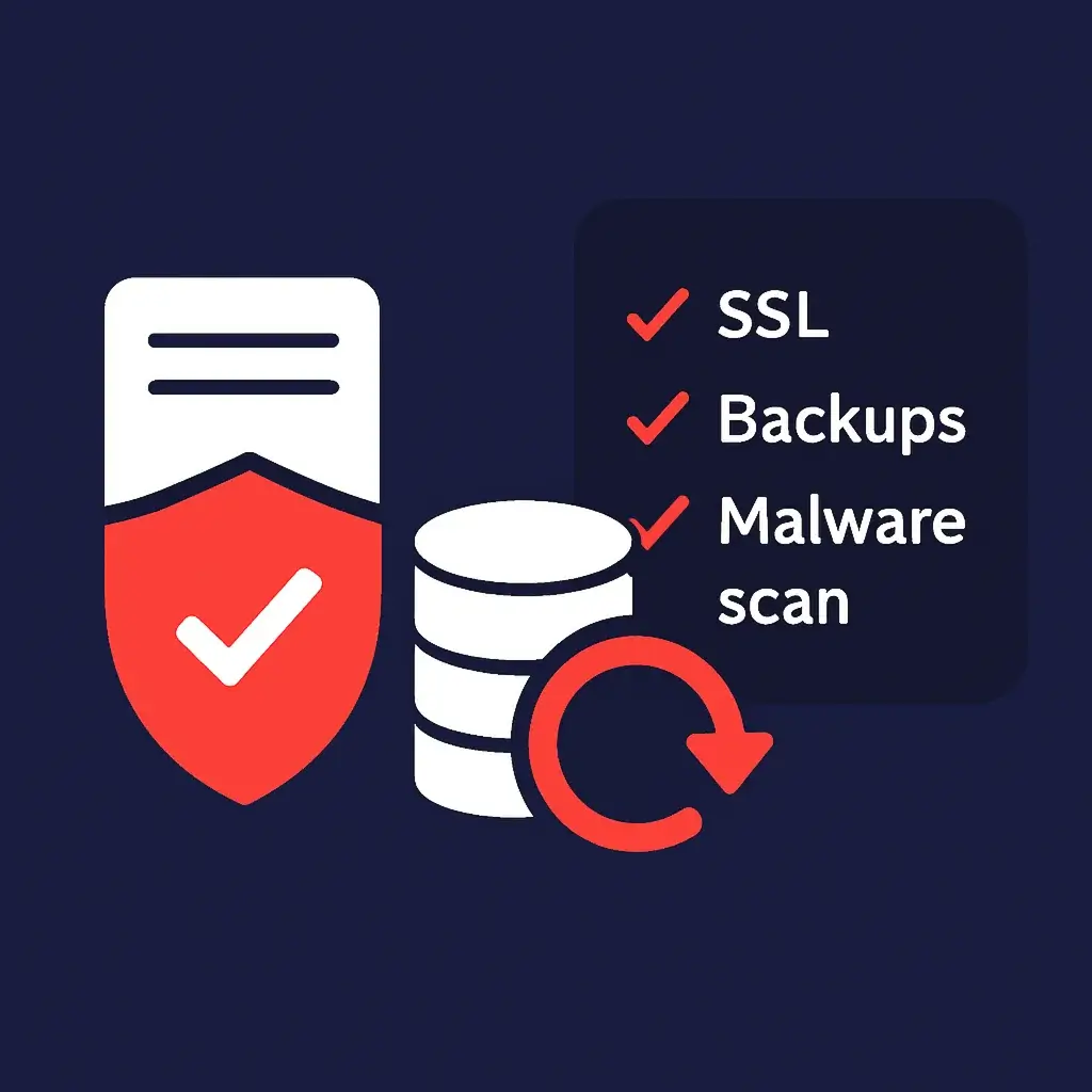 Server shield with backup disks and a restore arrow illustrating security and backup best practices.