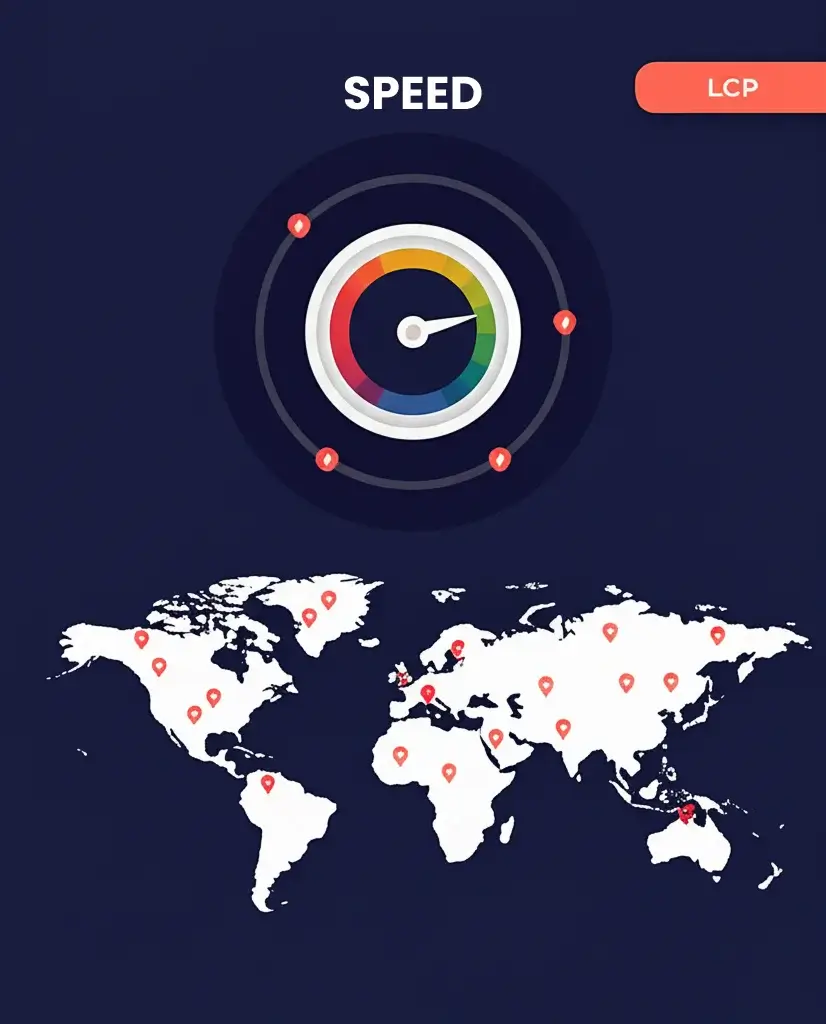Web performance dashboard showing LCP and CDN nodes for site speed optimization.