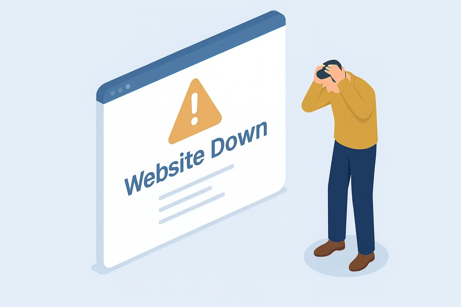 Small business owner holding his head in frustration after his website went down.