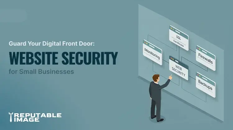 Small business owner looking at a board with different nodes of web security.