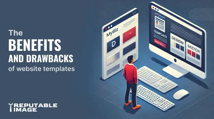 Single small business owner comparing a template preview and a custom design map while considering the benefits and drawbacks of website templates.