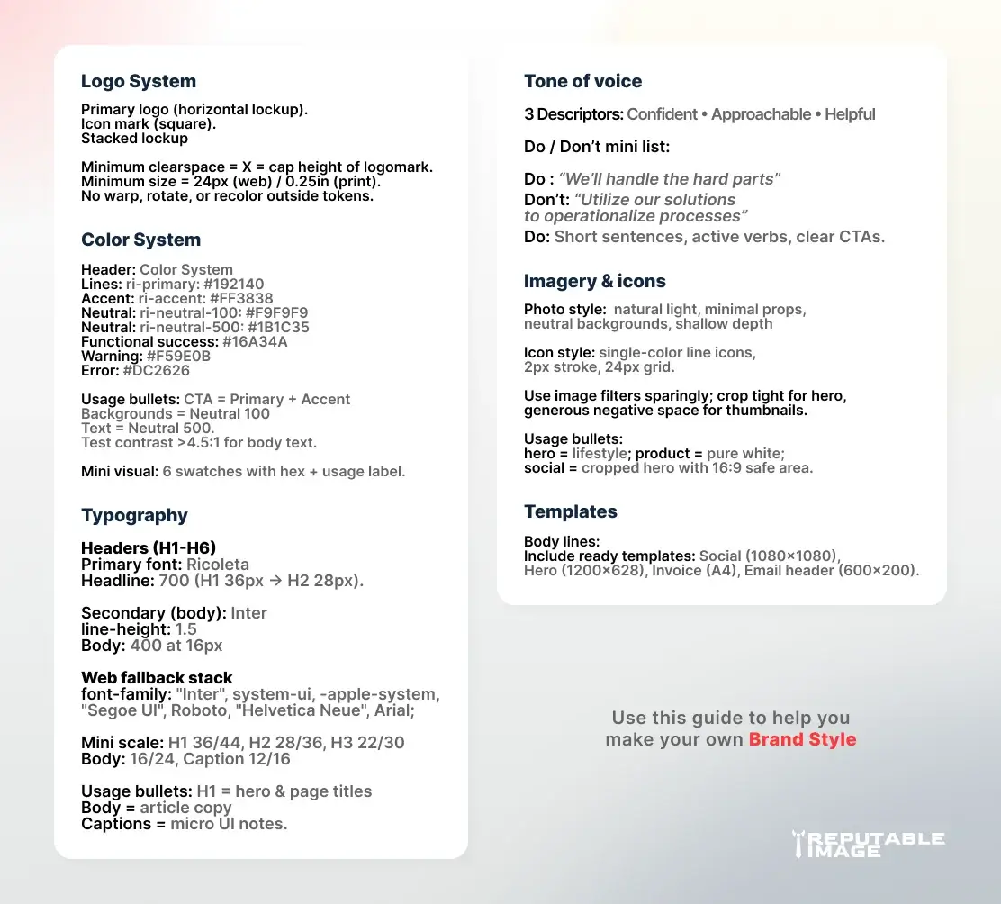 One-page brand system at-a-glance showing logo lockups, color tokens, typography scale, tone-of-voice bullets and template examples.