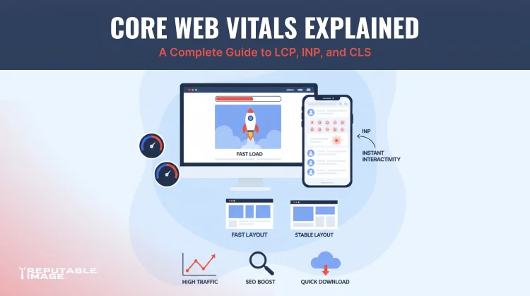 Cover Image: Illustration showing Core Web Vitals, website speed, responsiveness, and layout stability optimization