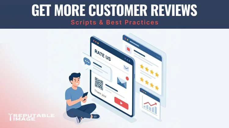 Cover Image: Isometric illustration of review flow: satisfied customer, automated request, star ratings appearing on Google and product pages, boosting trust.