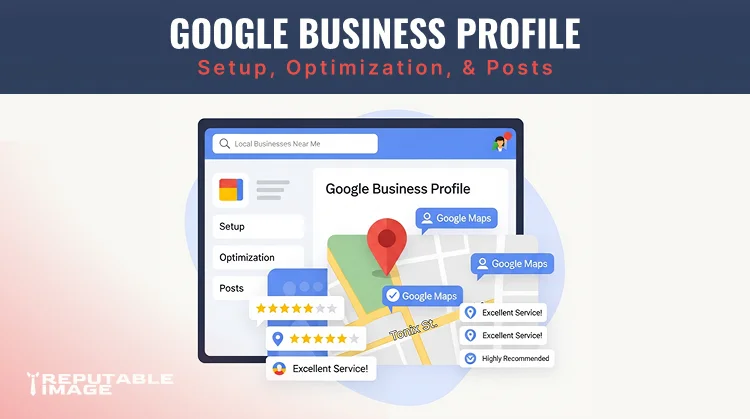Cover Image: Google Business Profile illustration showing local listings, reviews, analytics, and optimization features