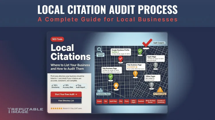 Cover Image: Local citations illustration showing business listings, map pins, and SEO audit consistency checks