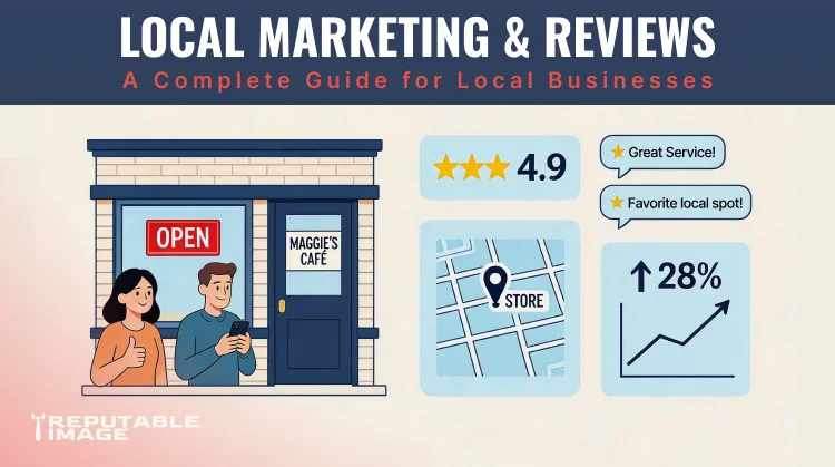 Cover Image: Local marketing illustration showing customer reviews, star ratings, and business growth through online reputation