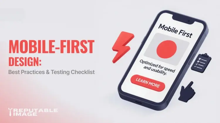 Cover Image: Isometric designer testing mobile-first design layouts on phone screens showing touch targets, fast loading, and responsive grid examples.