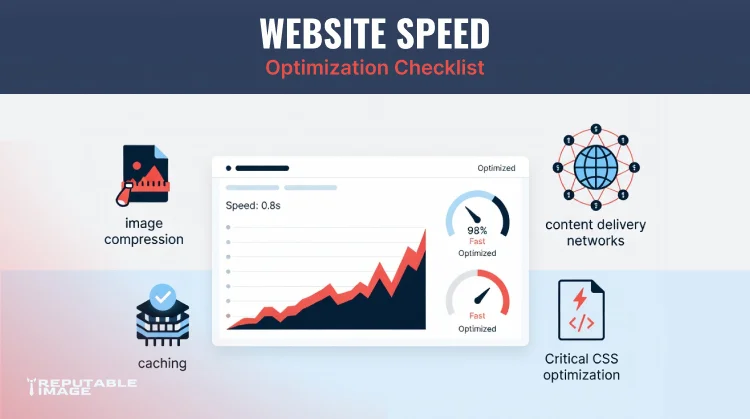 Cover Image: Website speed illustration showing caching, CDNs, image optimization, and performance improvements