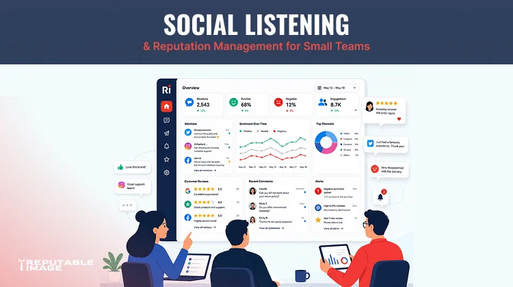Cover Image: Social listening dashboard showing brand mentions, customer reviews, and reputation management activities