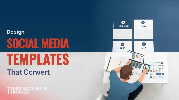 Cover Image: Isometric illustration of a designer creating social media templates with layout blocks, copy snippets, and CTA examples — social media templates highlighted.