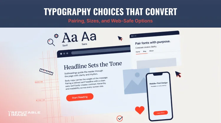 Cover Image: Typography illustration showing font pairing, readability, visual hierarchy, and website design best practices